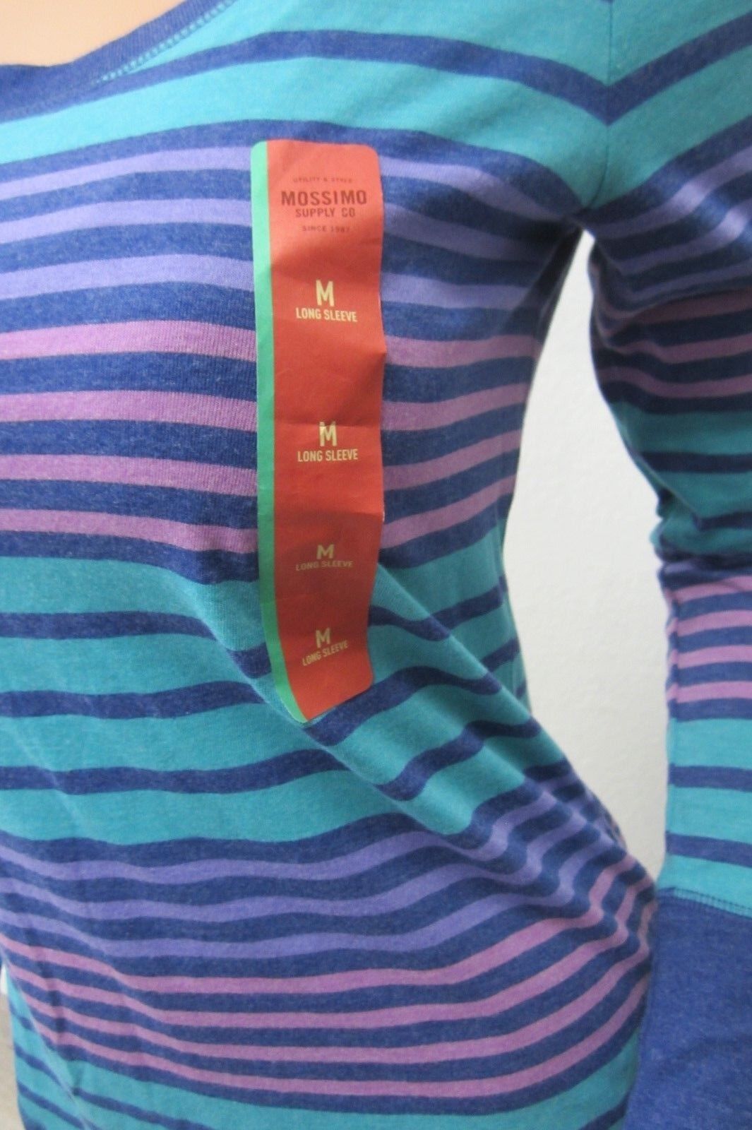 NWT Mossimo Supply Women's Blue Purple Turquoise Stripe LS Scoop Neck Top Sz M