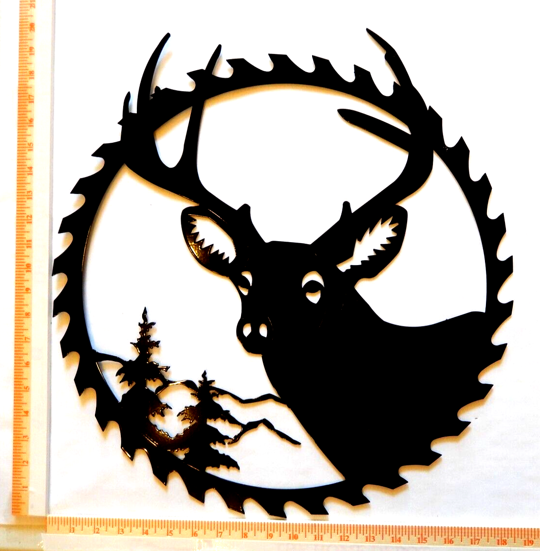 ~NEW~ 14ga. LARGE "DEER WITH ANTLERS SAWBLADE SCENE" Black Metal Wall Art -20"