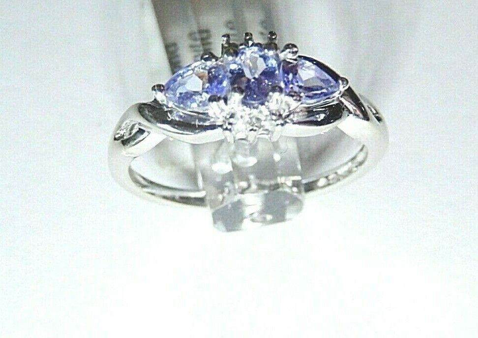 *NWT* 10k White Gold Three Stone Tanzanite And Diamond Ring Size 7.25