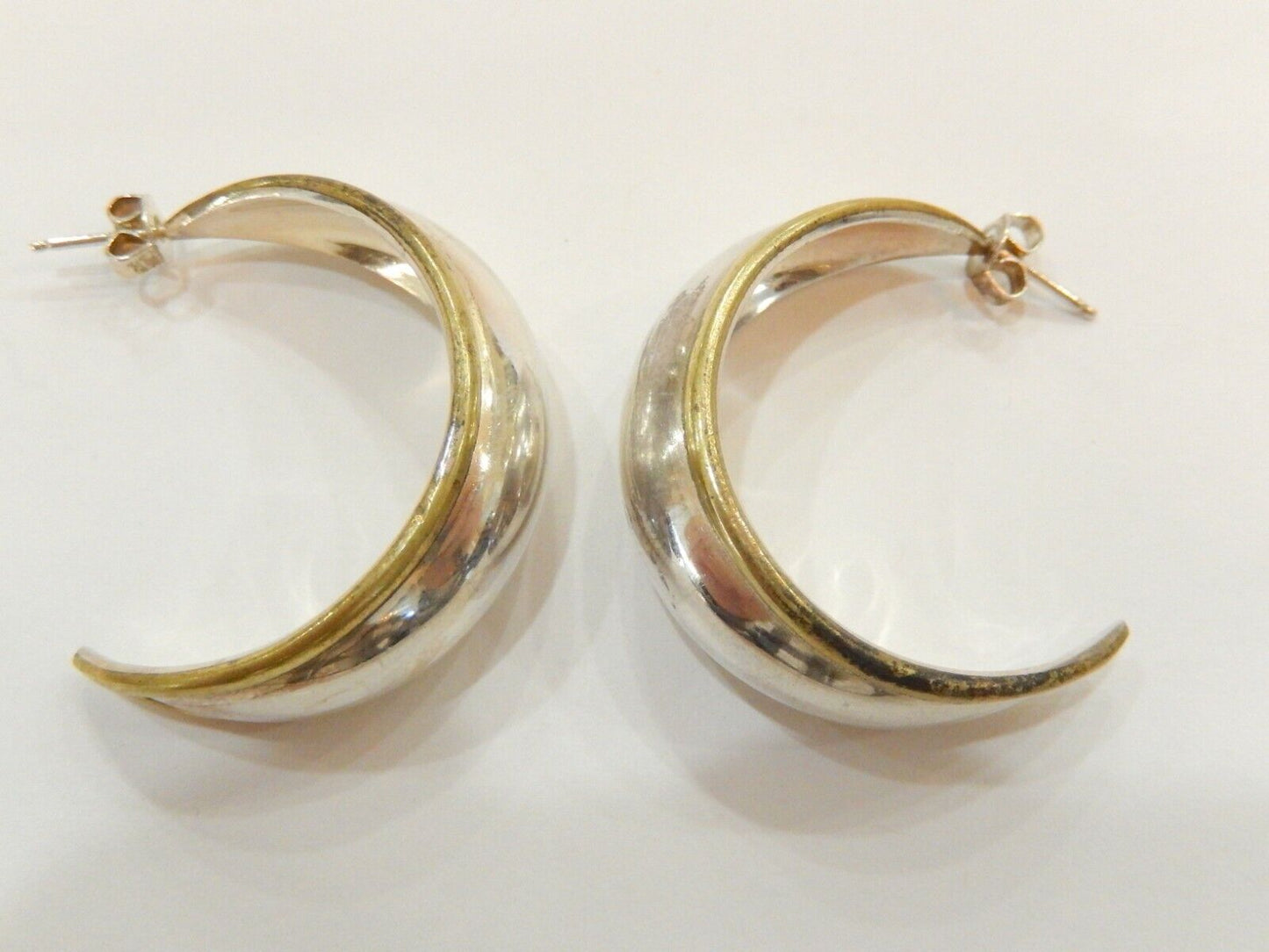 *VINTAGE*  LARGE Sterling Silver Taxco Mexico Brass Accent J -Hoop Earrings