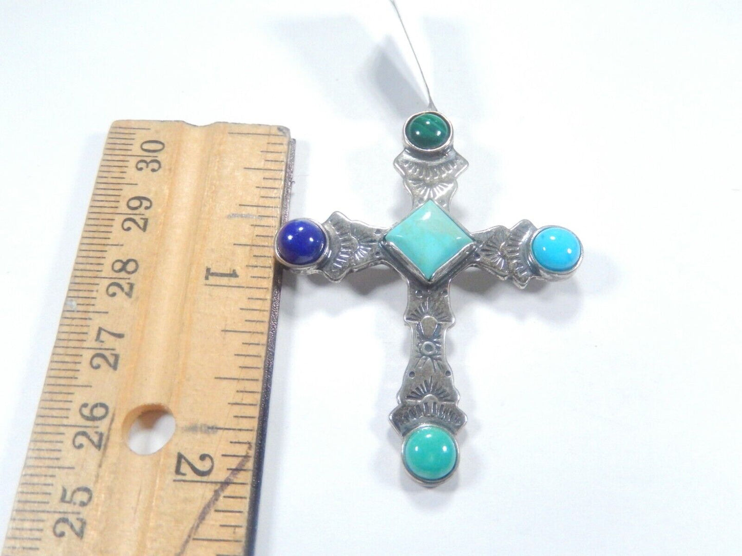 *VINTAGE*  STERLING SILVER MULTI GEMSTONE STONE CROSS PENDANT 2" x 1.5"