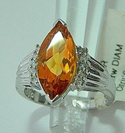 14K White Gold 3CT Natural Yellow Citrine and Diamond Cocktail Ring Sz 7