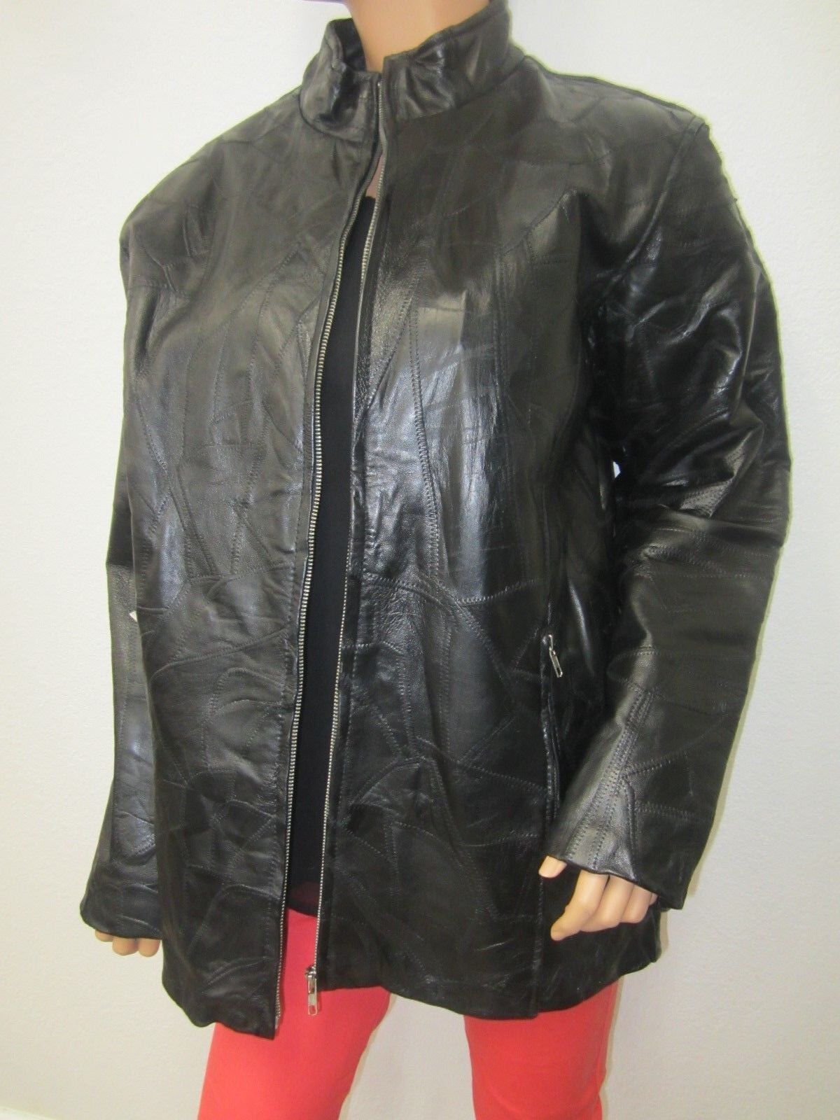 VERY NICE Cellini Black Soft Mosaic Patch Leather Women Coat Jacket Sz XL