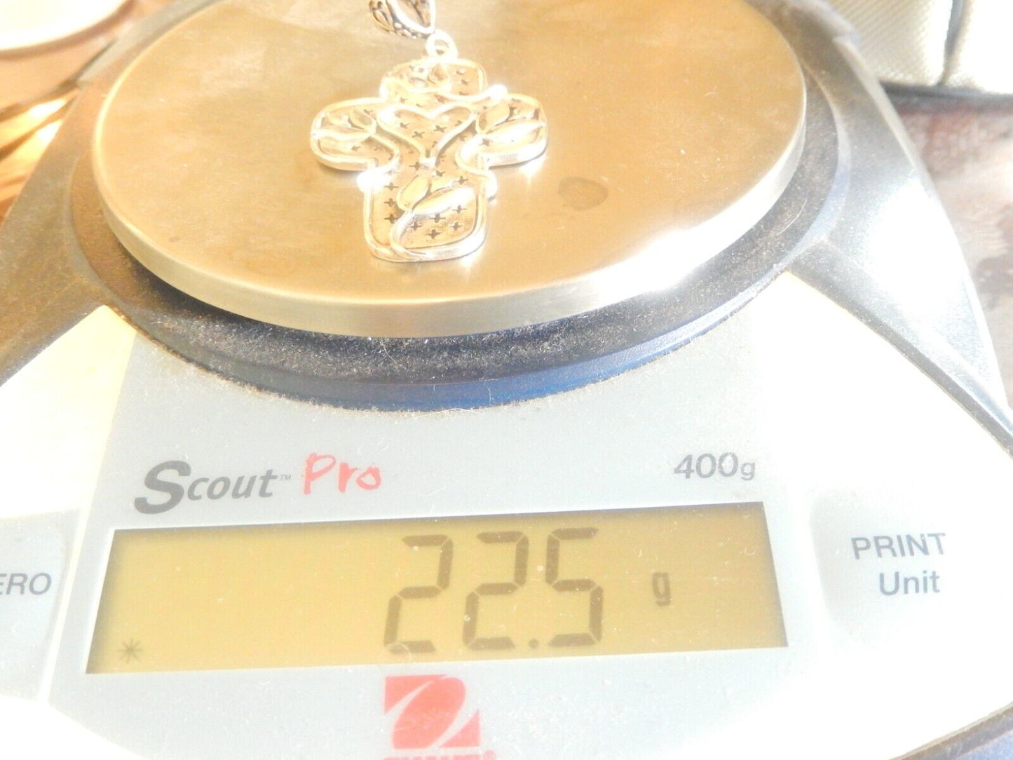 *VINTAGE* Sterling Silver HEAVY  LARGE  HEART &  FLOWER  CROSS PENDANT-22.5 gms