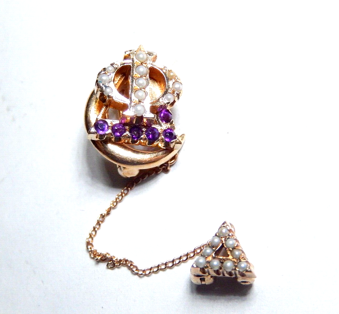 Vintage 10K Solid Yellow Gold Amethyst & Seed Pearls Sorority Pin Brooch