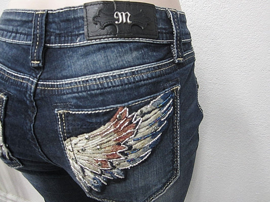 NWT Miss Me Mid Rise Medium Wash Embroidered Wings Skinny Denim M3020S   W27XL30