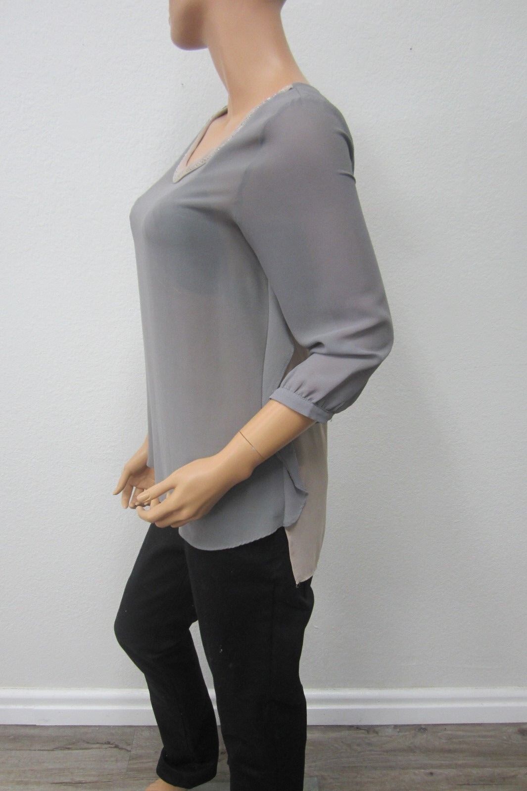 AUDREY ANN SUPER CUTE Women's Grey Sheer w/ Silver Beaded Collar Blouse Top S