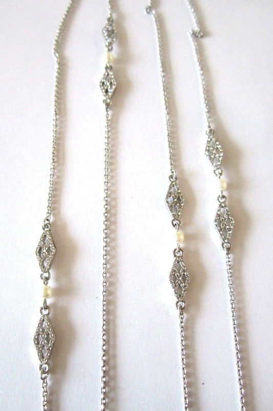 *NEW* 60" LAUREN Ralph Lauren Rhinestone Faux-Pearl SilverTone Long Necklace $58