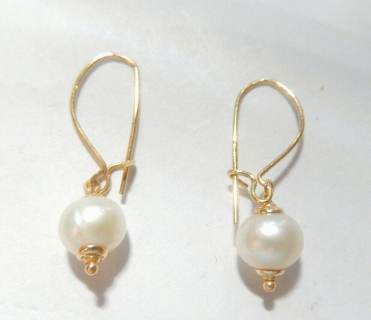 14K Real Solid Yellow Gold Natural 6mm Freshwater Pearl Drop Earrings