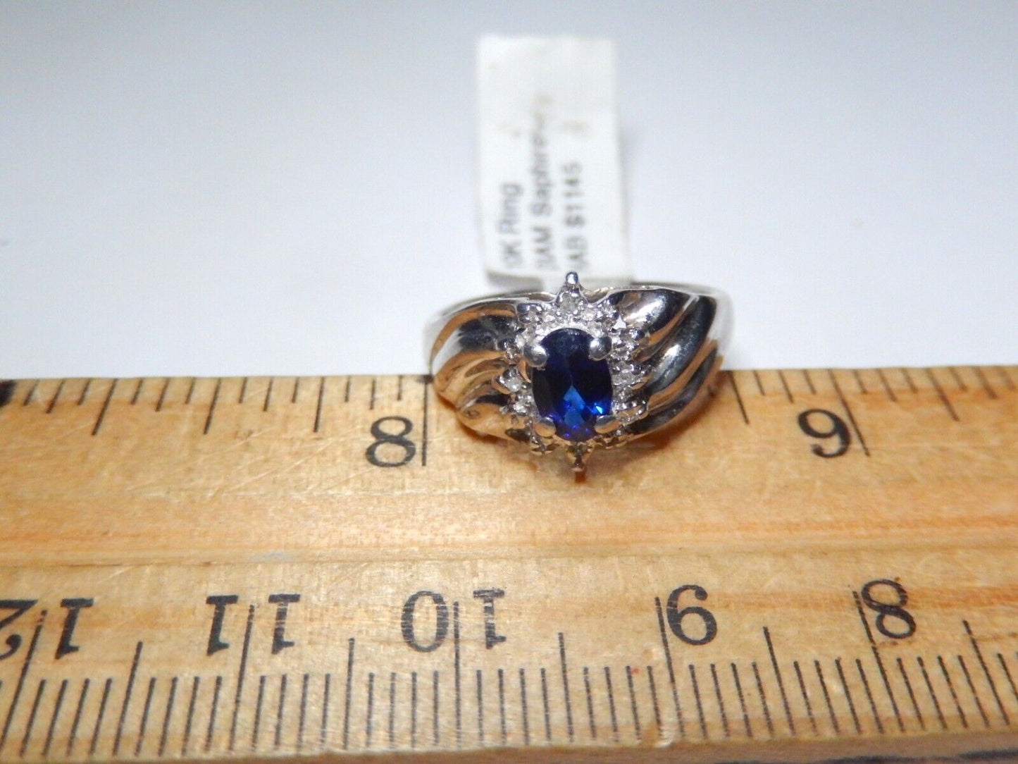 *NWT* 10k White Gold Lab Created Oval Sapphire and Diamond Halo Ring Sz 6.5