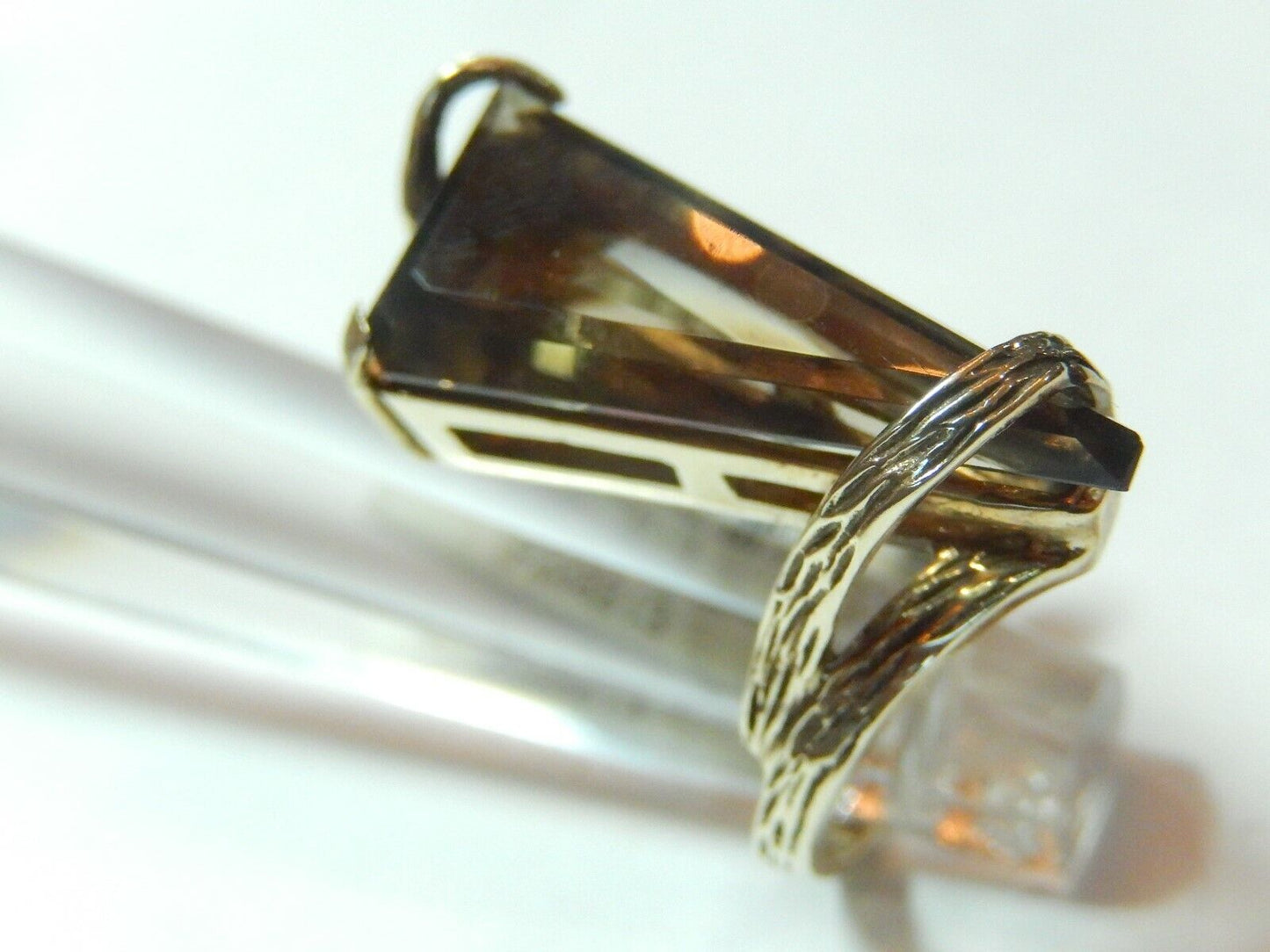 *VINTAGE*  LADIES 10K YELLOW GOLD FANCY CUT SMOKY QUARTZ SOLITAIRE RING SZ 6