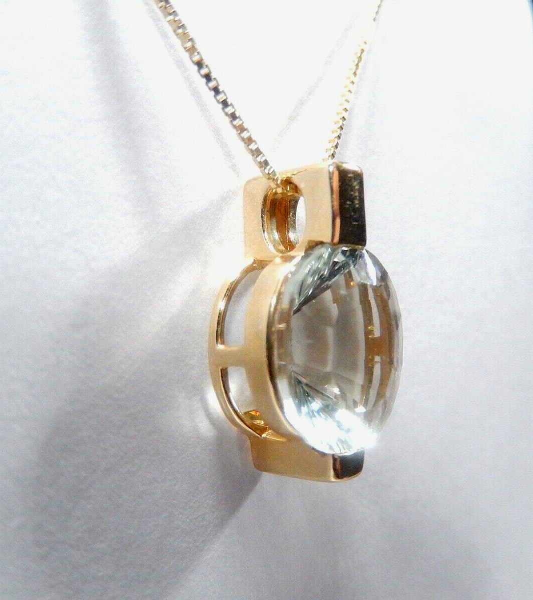 *VINTAGE* 14K Yellow Gold 5.00 CT Fancy Cut Oval Green Quartz Pendant w/18"chain