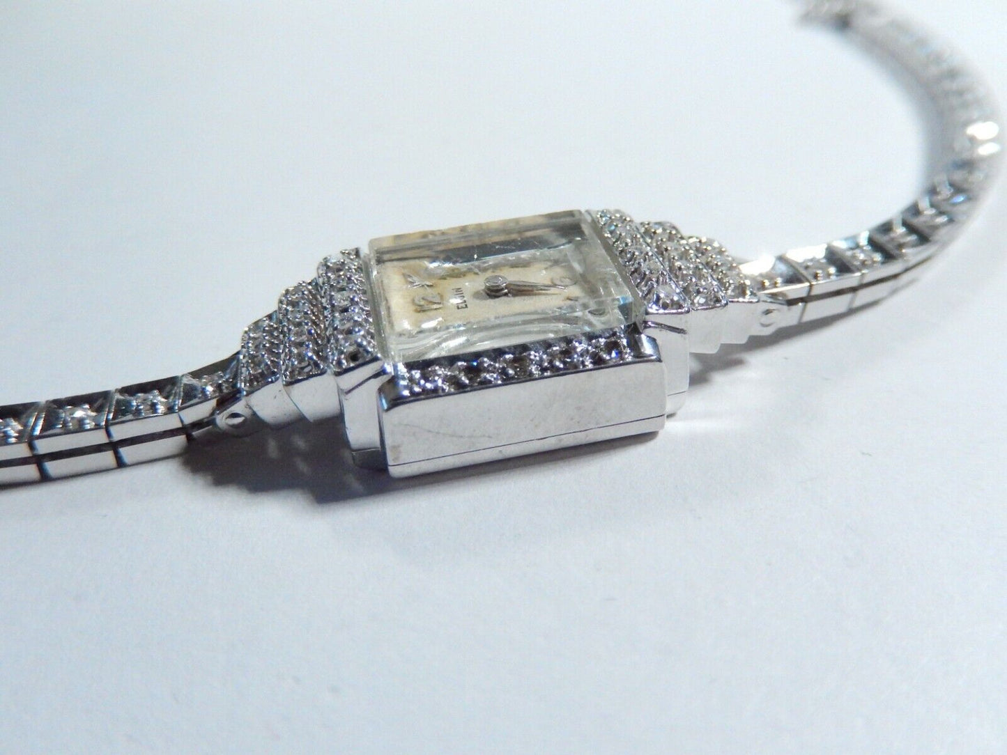 *VINTAGE* ELGIN Ladies 14K White Gold 70 Diamond Wristwatch W/Diamond 14K Band