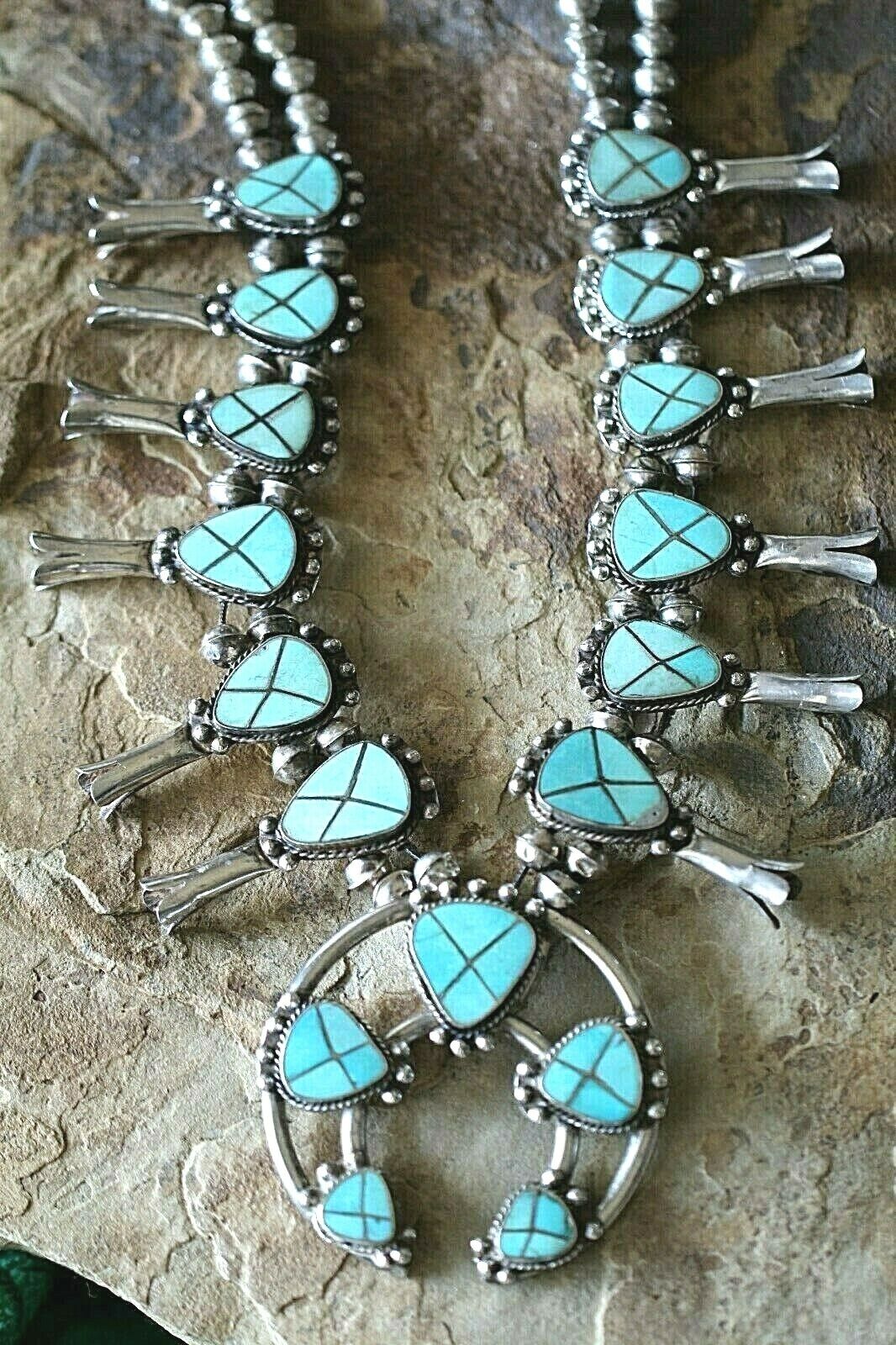 VINTAGE Large Native American Sterling Silver  Turquoise Squash Blossom Necklace