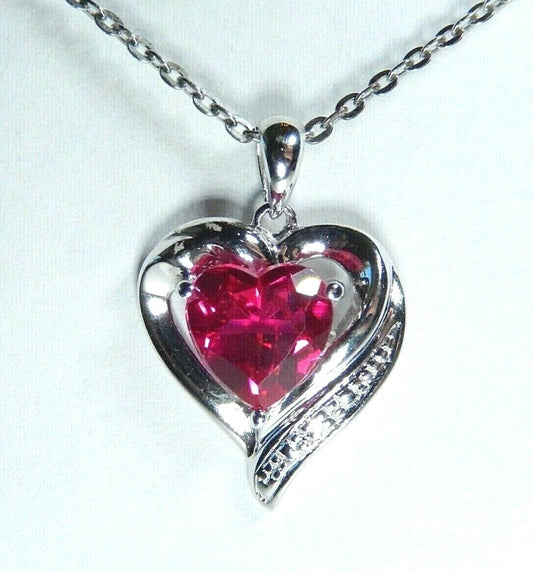 *NWT*  10K White Gold 3CTHeart Ruby & Diamond Accent Heart Necklace w/18" Chain