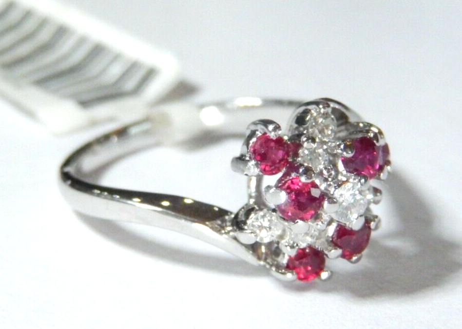 *NWT*  14K White Gold VS Diamond and Ruby Cluster Ring, Size 4.5