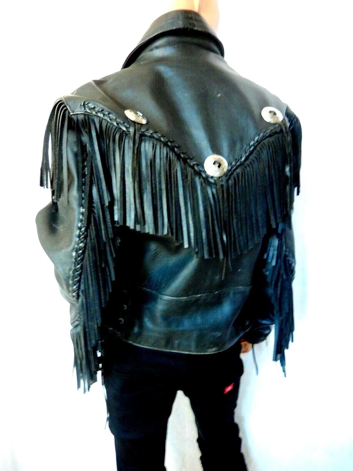 *VINTAGE* Mens Biker Motorcycle Black Heavy Leather Insulated Fringe Jacket Sz S