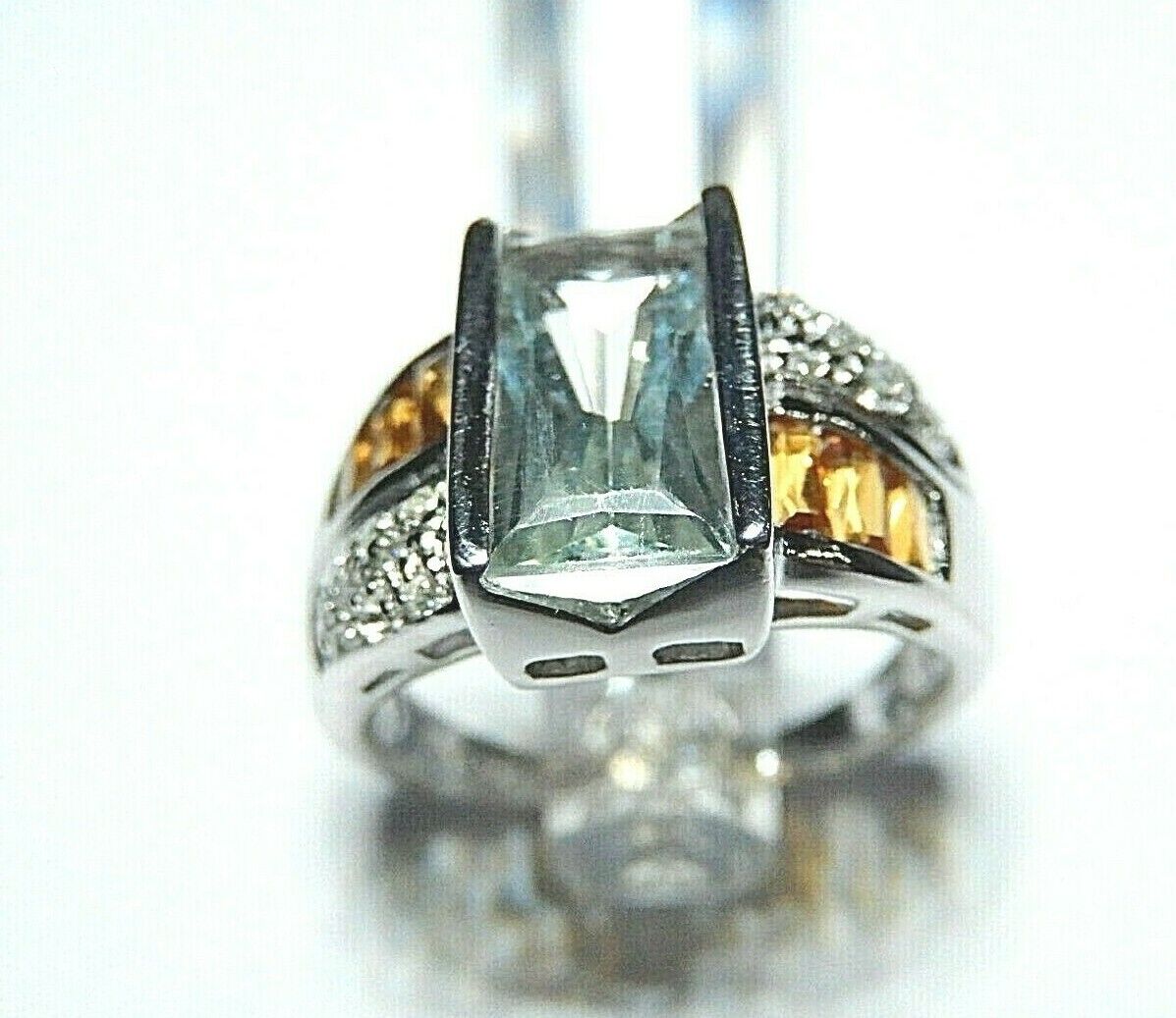 *VINTAGE* 14k Yellow Gold 3.50 CT Aquamarine / Citrine / Diamond SNB Design Ring