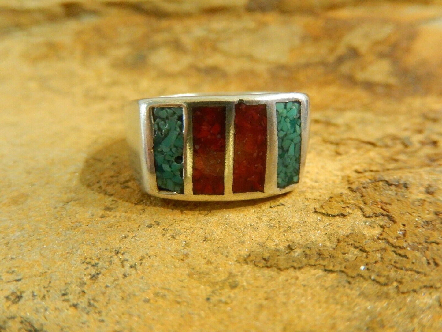 *VINTAGE* Native Amer. Sterling Silver Blue Turquoise & Coral Ring Size 9.5