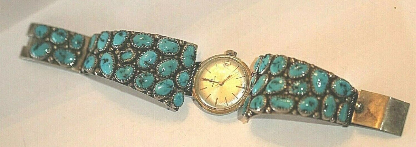 *VINTAGE*  Signed Native American Sterling Silver & Turquoise Watch Band & Watch