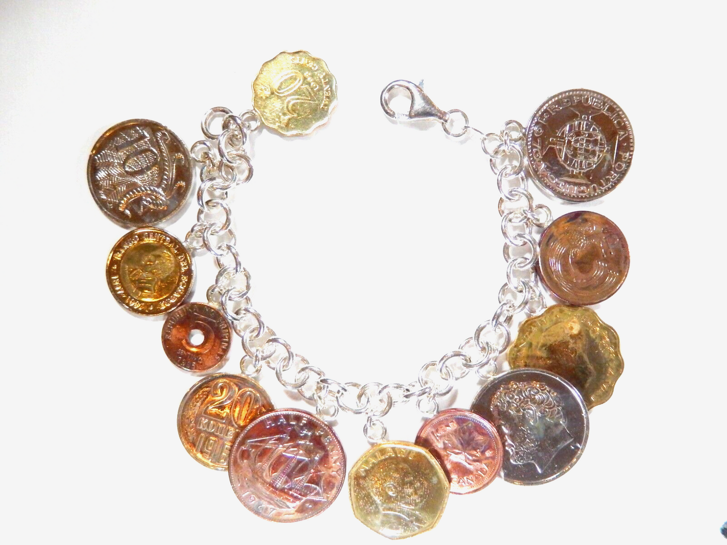*VINTAGE*  Sterling Silver Italy International Coin Bracelet 7” Unique Piece!