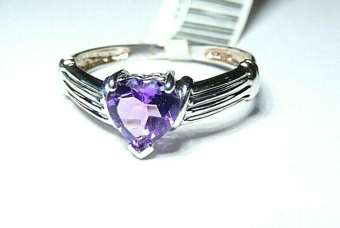 *NWT* 10k White Gold HEART Shape Amethyst Solitaire Ring Size 6.5