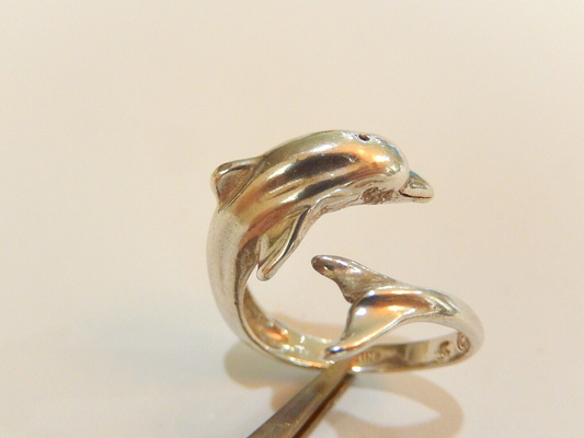 *VINTAGE*  Sterling Silver Heavy Large Wrap Bypass Dolphin Ring Size Adjustable