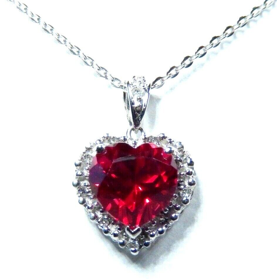 *NWT* 10K White Gold 4.00CT Heart Ruby & Natural Diamond  Pendant w/18" Chain