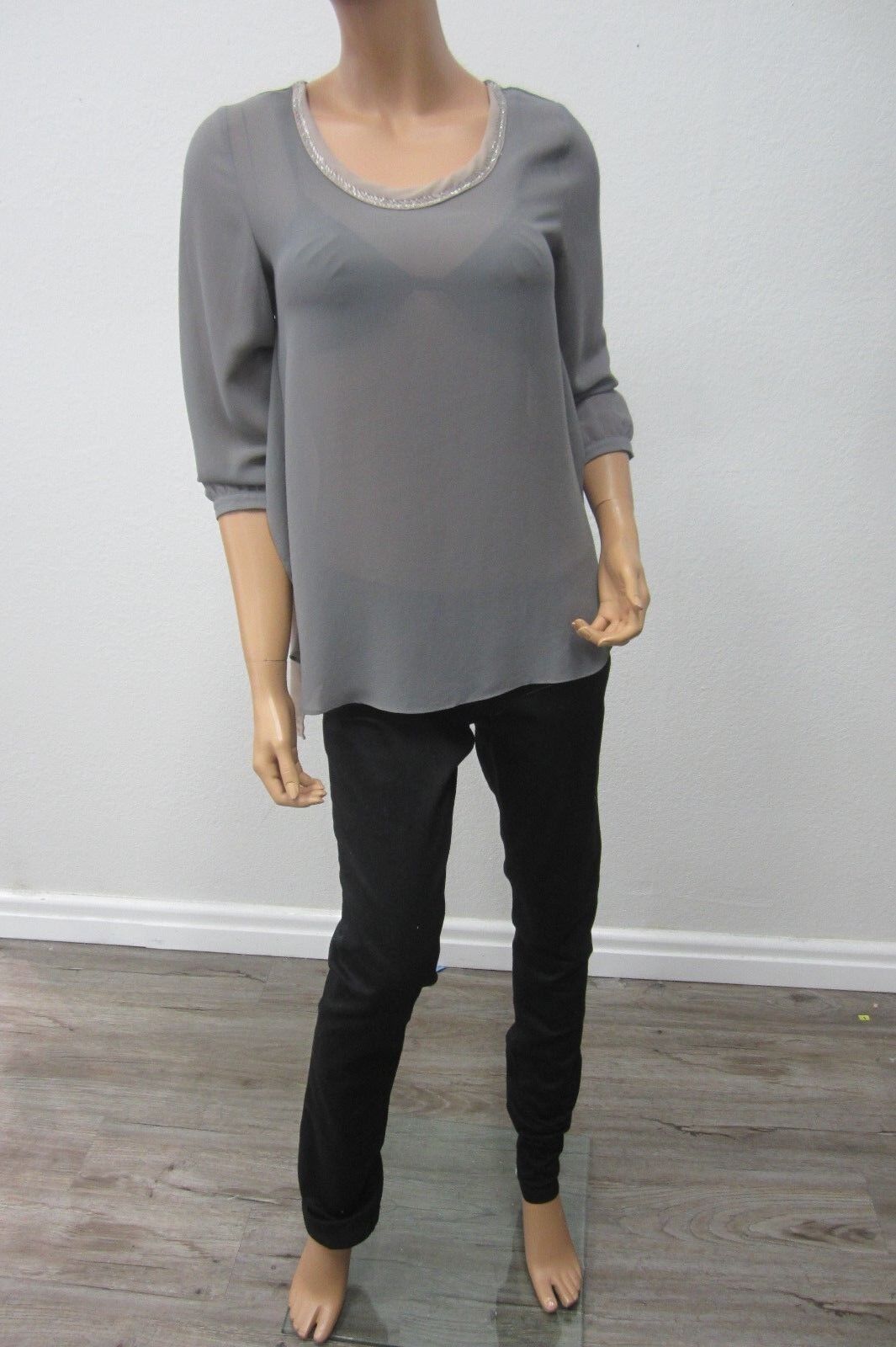 AUDREY ANN SUPER CUTE Women's Grey Sheer w/ Silver Beaded Collar Blouse Top S