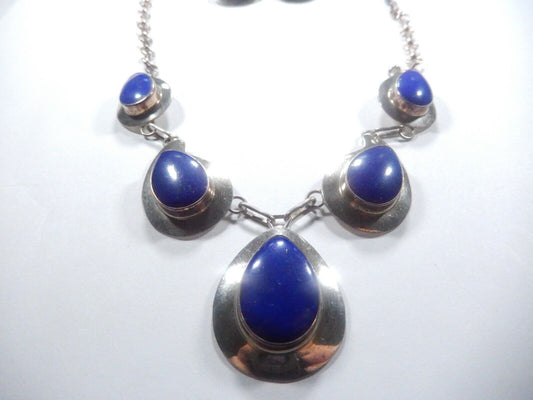 *VINTAGE* Sterling Silver  Lapis Lazuli Tear Drop Chain Necklace & Earrings  Set