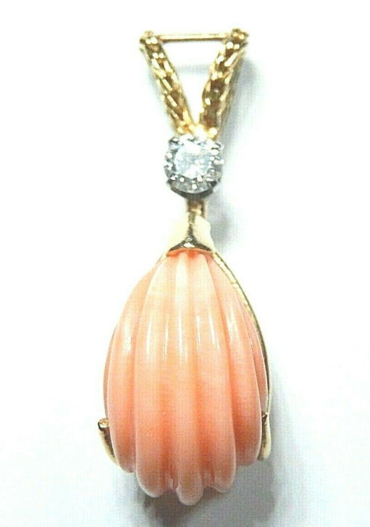 *VINTAGE* 18K Yellow Gold  NATURAL PINK Carved CORAL w/.30CT VS Diamond Pendant