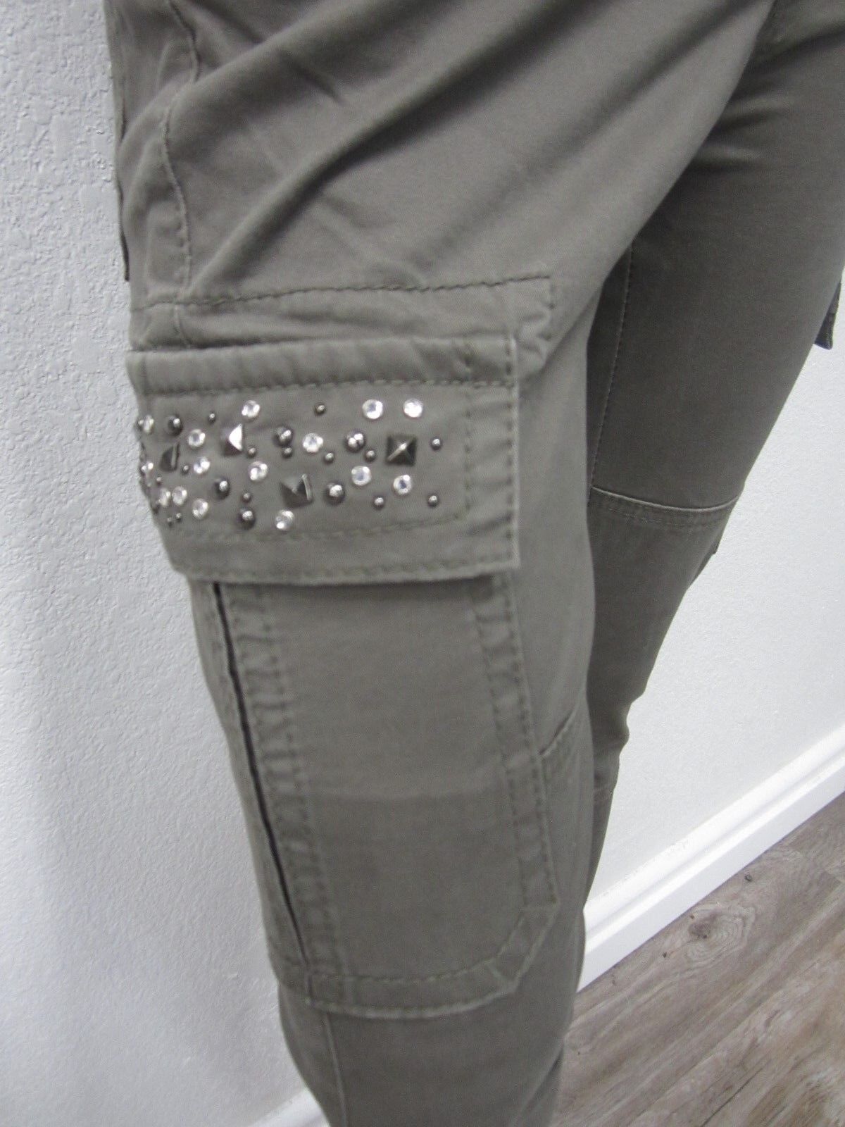 NWT MISS ME CP1246C Embellished Cargo Casual Ankle-Zip Pants Light Olive 27x31