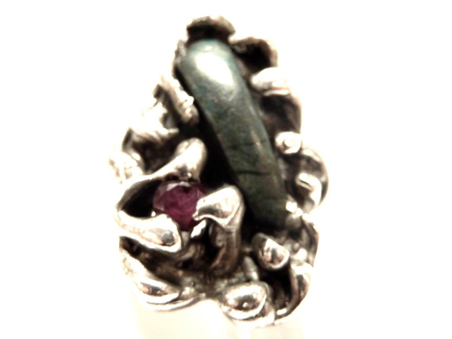 UNIQUE / ANTIQUE VINTAGE STERLING TURQUOISE & RUBY HANDMADE RING SIZE 8