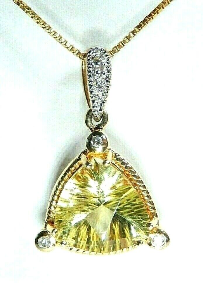 NWT 14K Yellow Gold 2.00 Ct Triangle Citrine Diamond Solitaire Pendant  w/ Chain