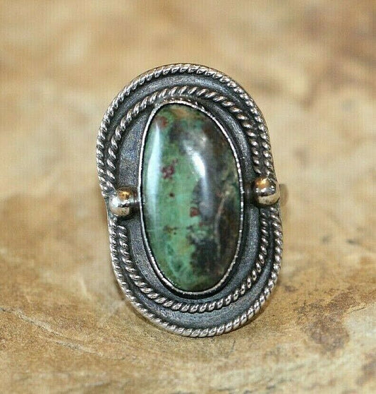 *VINTAGE*  Artist JLL Mexico Large Sterling Silver Green Turquoise Ring Size 5.5