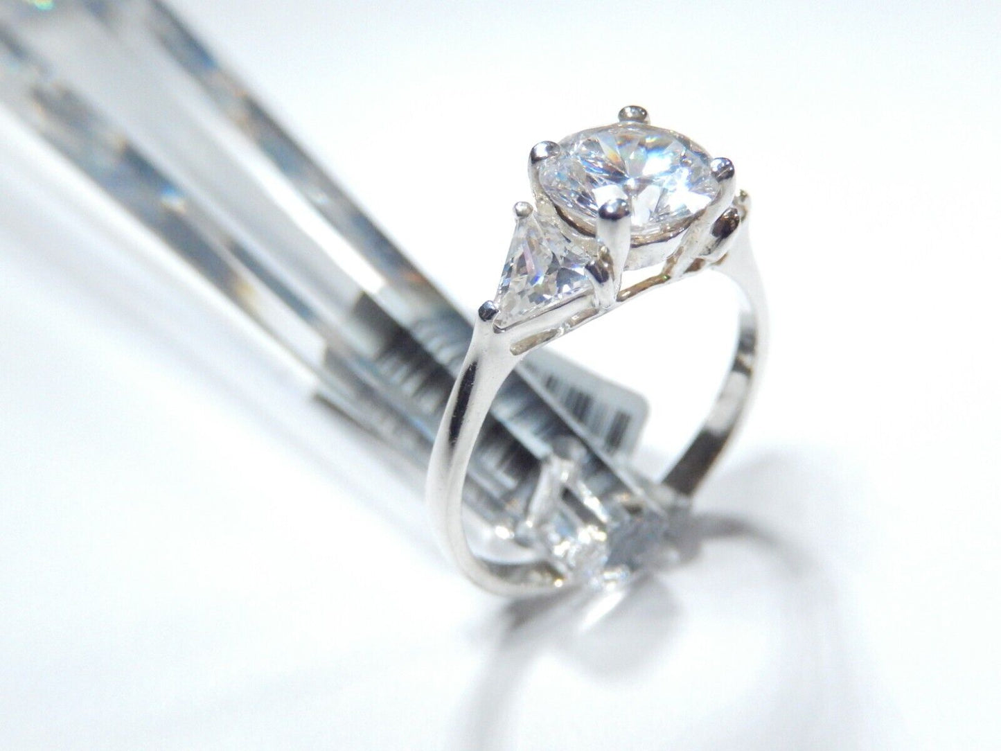 Sterling Silver Three Stone 3.00 CT CZ Trillion/Round Cut Engagement Ring Sz 9.5