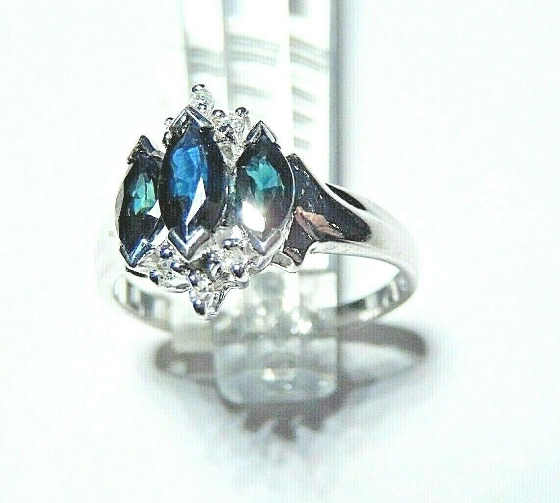 *NWT* 10k White Gold Marquise Sapphire And Six Diamond Three Stone Ring Size 7