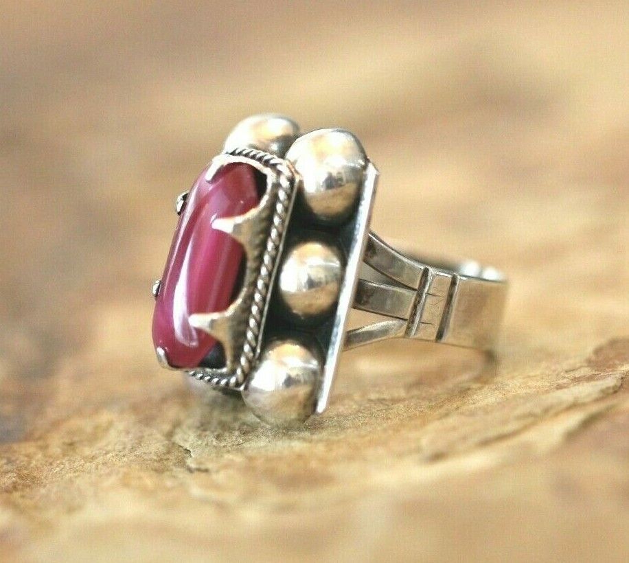 *VINTAGE* Large Native American 925 Sterling Silver Red Jasper Ring Size 7