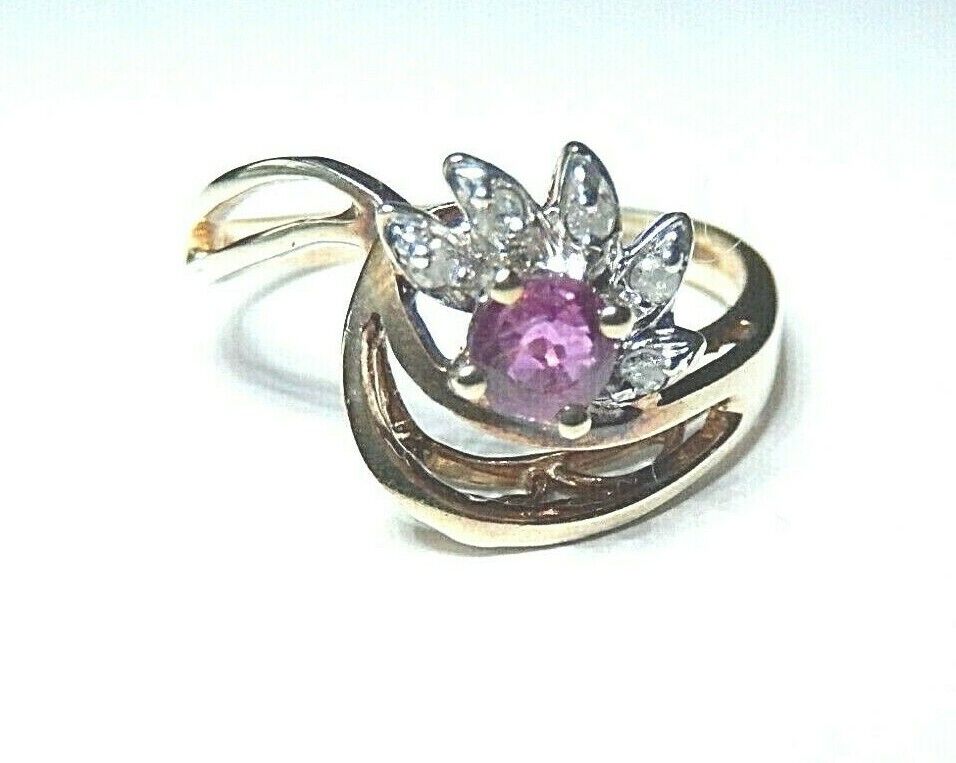 *VINTAGE*  10K Yellow Gold Amethyst & Diamond Ring Size 7.5