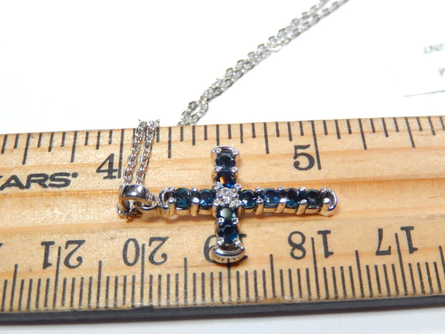 *NWT* 10K White Gold September Birthstone Sapphire & Diamond Cross 18" Necklace