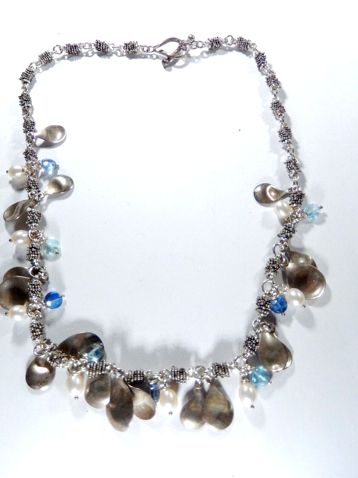 Michael Dawkins 925 Sterling Silver Blue Topaz and Pearl Toggle Necklace 18"