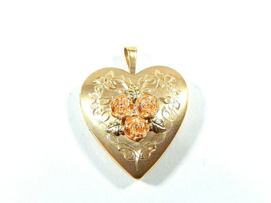 *VINTAGE*  14k Yellow & Rose Gold 20mm x 25mm Rose Heart Two Picture Locket