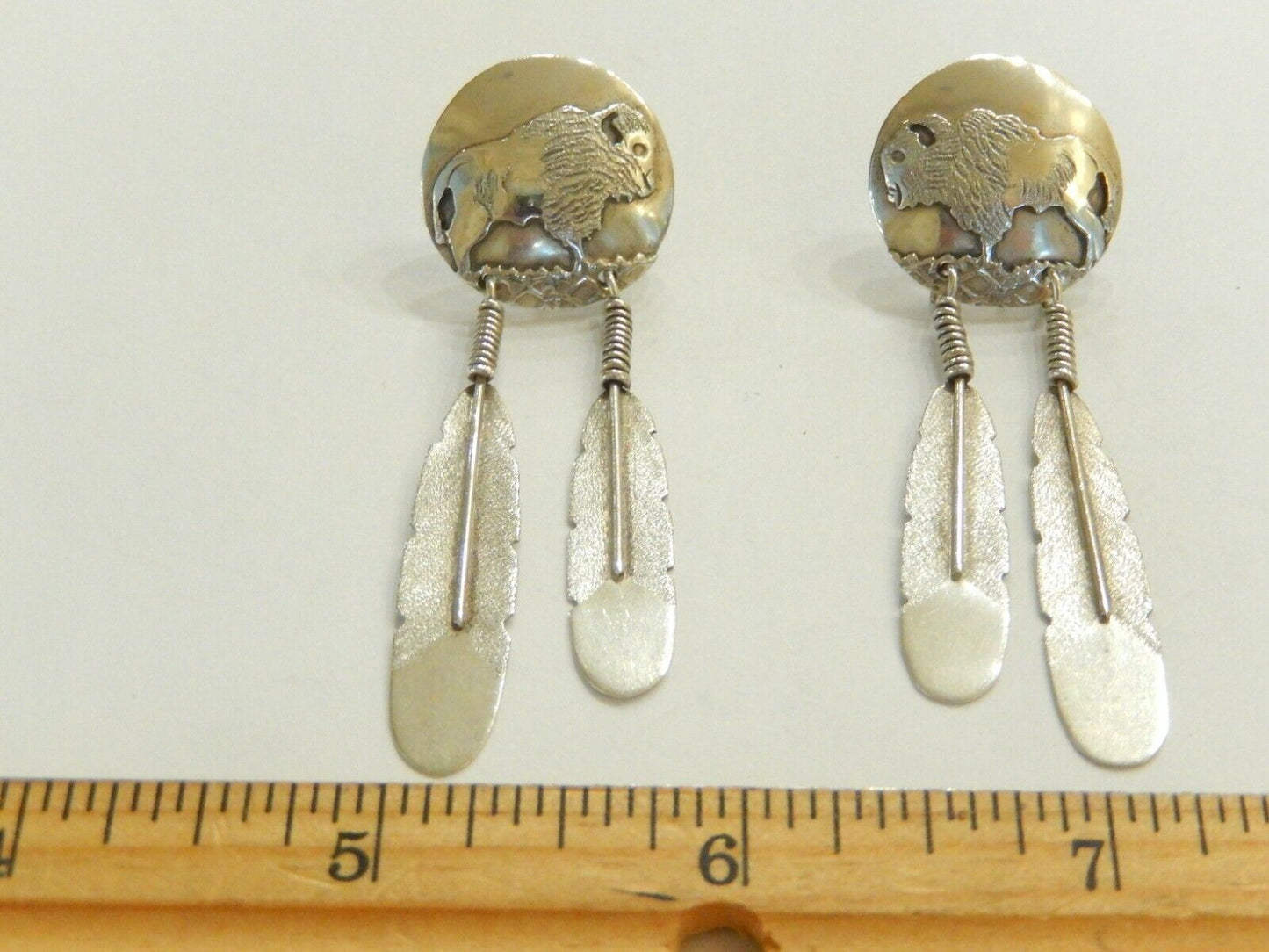 *VINTAGE*  J C Delgarito Navajo Sterling Silver Buffalo Concho Feather Earrings