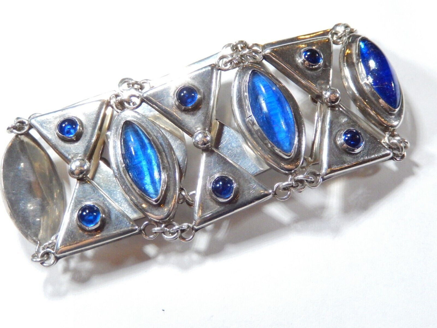 VINTAGE Mexico Sterling Silver Rare Blue Cabochon Cut Glass Panel Bracelet 7.25"