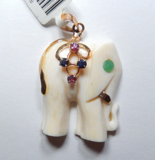 *VINTAGE*  14K YG Carved Elephant Pendant With Ruby/Sapphire/Emerald 1" x 7/8"