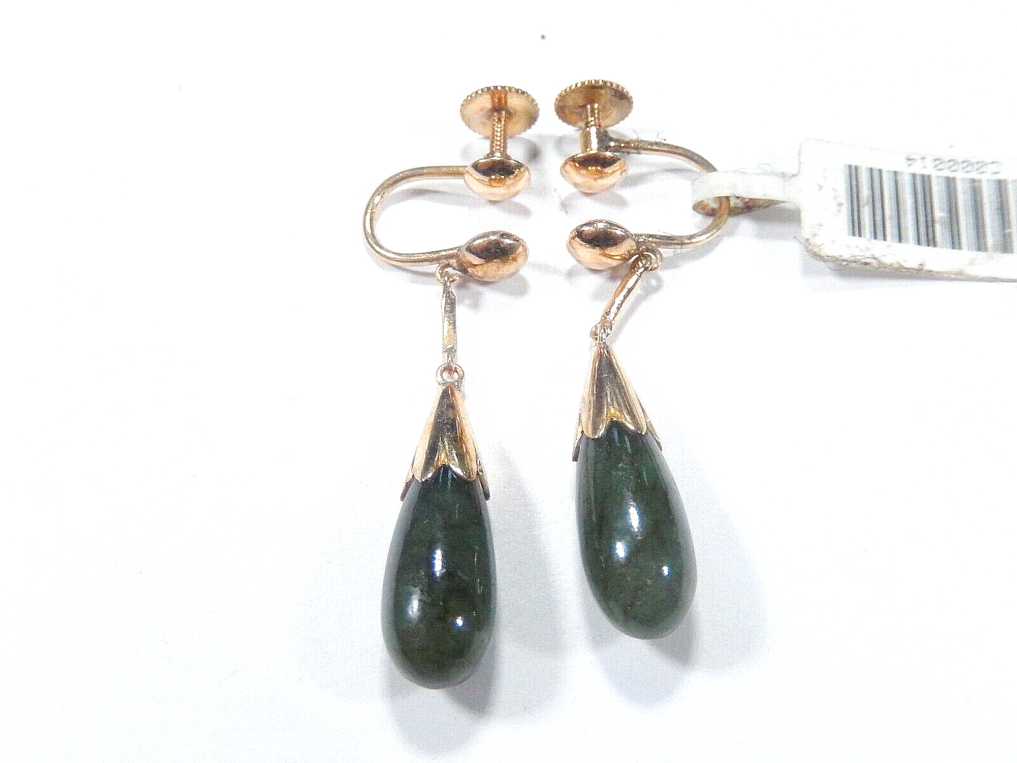 *VINTAGE*  Solid 14K Yellow Gold Teardrop Jade Dangle Screw On Earrings
