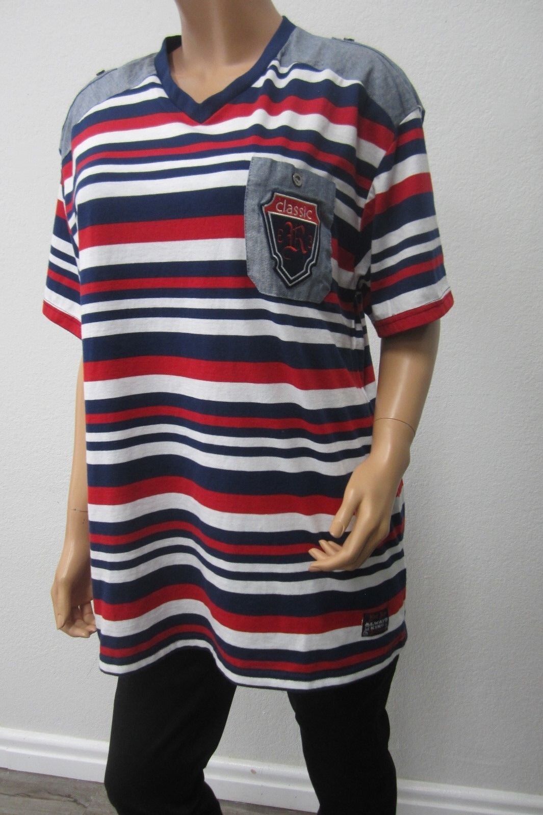 *NWT* Red Ape  Unisex Red White Blue Striped V-Neck Shirt - Size Large