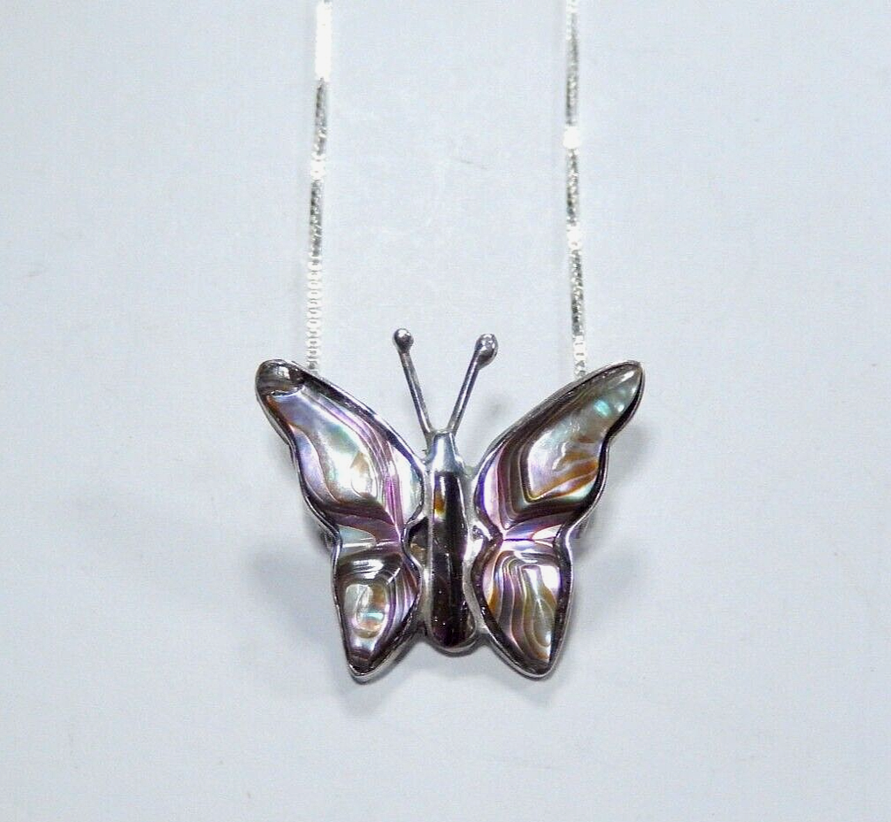 *VINTAGE*  Sterling Silver MEXICO Butterfly Abalone Shell Pendant w/ 18" SSchain