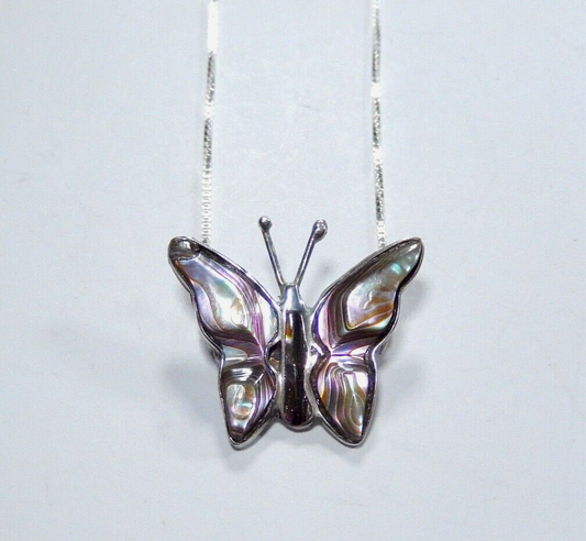 *VINTAGE*  Sterling Silver MEXICO Butterfly Abalone Shell Pendant w/ 18" SSchain
