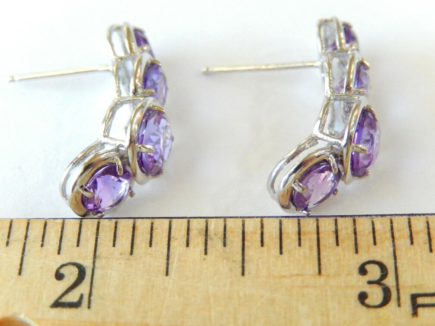 *NWT* 14K White Gold 4Ct Round Cut Amethyst Long Stud Earrings 1" x 5/16"